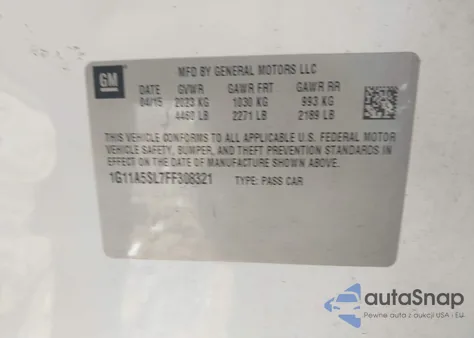 2015 Chevrolet Malibu 1Fl из США, поврежденный, VIN 1G11A5SL7FF308321